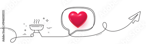 Grill line icon. Continuous line with share plane. Barbecue cooker for cooking food sign. Hot meat brazier symbol. 3d heart in speech bubble. Grill single line ribbon. Loop curve pattern. Vector