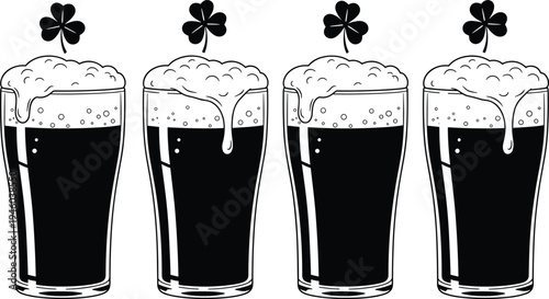 St Patrick day beer glass vector set, irish stout beer with foam illustration, shamrock clover decoration drink clipart collection