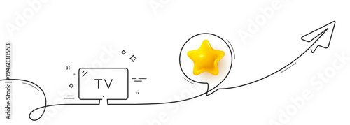 TV line icon. Continuous line with share plane. Television sign. Hotel service symbol. 3d star in speech bubble. Tv single line ribbon. Loop curve pattern. Vector