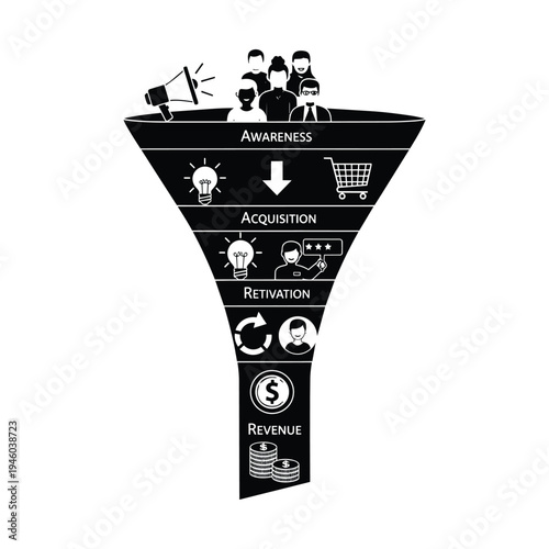 Black and white graphic illustrating a multi-stage marketing or sales funnel with icons for awareness, acquisition, retention, and revenue generation.