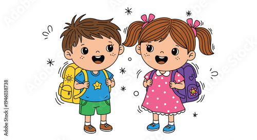 Vector illustration of smiling school children with backpacks