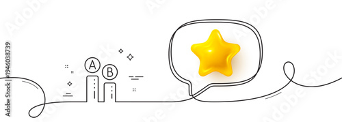 Ab testing line icon. Continuous line with 3d star. Ui test chart sign. 3d star in speech bubble. Ab testing single line ribbon. Loop curve pattern. Vector