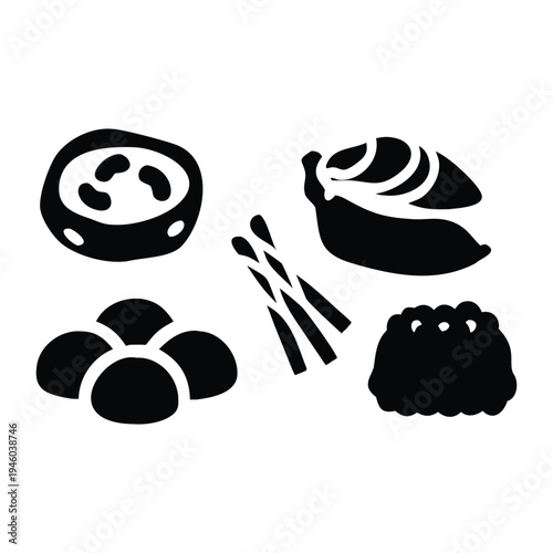 Asian food silhouettes sushi noodles dumplings