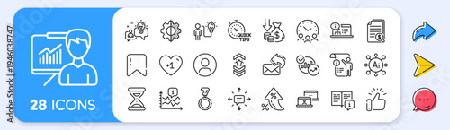 Chart, Presentation and Medal line icons. Interest rate, AI generate, Inflation icons. Pack of Sms, Share mail, Manual doc icon. Meeting time, Deflation, Headshot pictogram. Vector