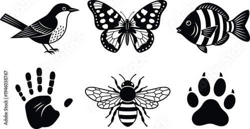 Wildlife animals and insects silhouette vector set, bird butterfly fish bee paw print illustration, nature fauna clipart collection