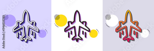 Plane line icon. Halftone dotted pattern. Gradient icon with grain shadow. Airplane travel flight sign. Airport transport symbol. Line plane icon. Various designs. Vector