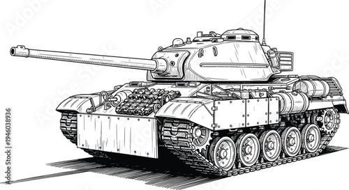 Detailed black and white line drawing of modern military battle tank with rotating turret, large gun barrel, dozer blade, armor plating, external fuel tanks, and structural components.