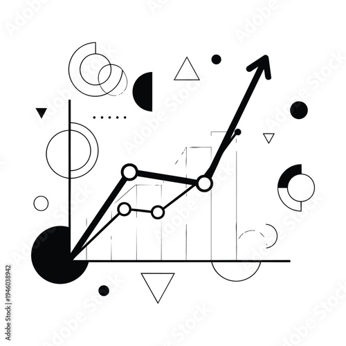 Stylized representation of business growth and data visualization with a rising line chart and abstract geometric shapes.