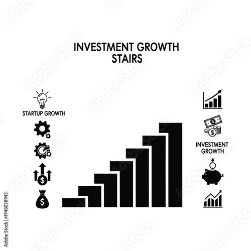 Investment growth stairs concept with startup development and financial progress icons on a white background.