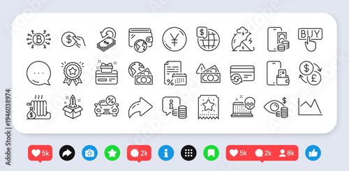 Payment, Yen money and Loyalty card line icons pack. Social media: share, comment, like icons. Line chart, Phone wallet, Radiator web icon. Phone pay, Loyalty award, Fraud pictogram. Vector