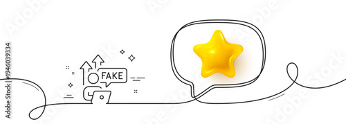 Fake internet line icon. Continuous line with 3d star. Web propaganda sign. Wrong truth symbol. 3d star in speech bubble. Fake internet single line ribbon. Loop curve pattern. Vector