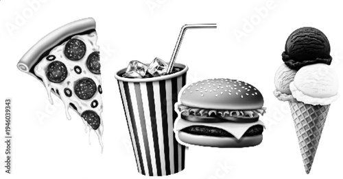 Pizza Burger Popcorn Ice Cream Halftone Fast Food Illustration