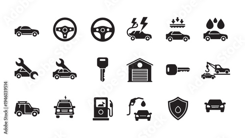 Automotive service and vehicle ownership glyph icon set for car maintenance, repair, and transportation management design