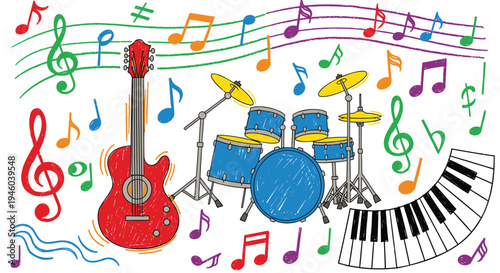 Set of colorful music icons vector, musical instruments and notes
