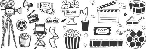 Hand Drawn Cinema Collection with Movie Camera, Clapper Board, Film Reel, Popcorn Box, Ticket and 3D Glasses Doodle Style Vector Illustration