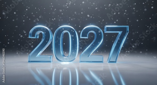 Shining 3d metallic blue numbers 2027 on reflective surface with snowfall