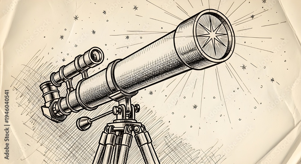 Fototapeta premium Detailed hand-drawn sketch illustration of a classic telescope on a sturdy tripod, searching for cosmic discoveries and shining stars.