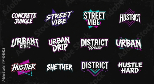 Collection of urban-themed graphic designs with edgy, modern typography and vibrant color accents.