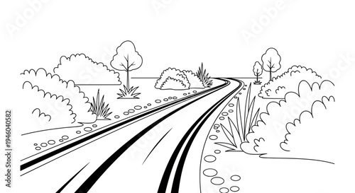 Winding road through serene natural landscape with trees and bushes