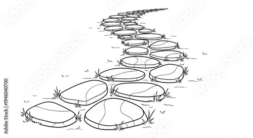 Winding stone pathway through serene natural landscape with grass