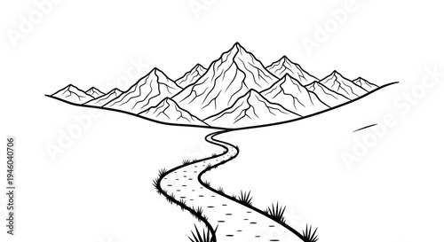 Serene mountain landscape with winding path to majestic peaks