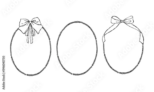 A vintage set of whimsical oval frames with bows and ribbons in a linear style. Pearl frames for wedding and holiday invitations and cards. Black vector outline.