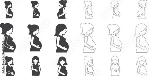 Pregnant women icons set in various styles and poses black and illustrations