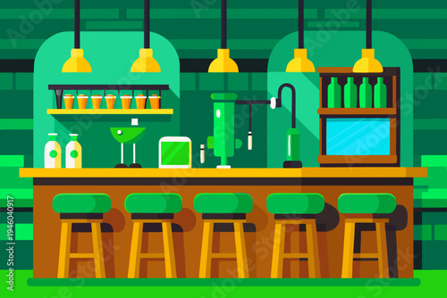 Colorful illustration of a Irish bar counter decorated for St. Patrick's Day with green stools, bottles, and a vibrant background featuring green tones and festive elements