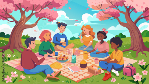 Diverse group of friends enjoying a spring picnic on a blanket under blooming cherry blossom trees in a vibrant park setting with blue skies and fluffy clouds