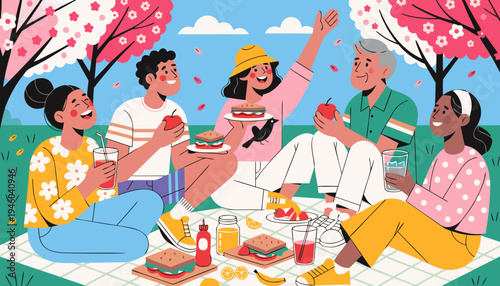 Diverse group of friends enjoying a spring picnic on a blanket under blooming cherry blossom trees with food, drinks, and cheerful expressions in a park setting