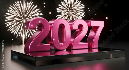 A shiny pink 2027 new year's eve celebration with fireworks display on a black reflective surface with a dark background