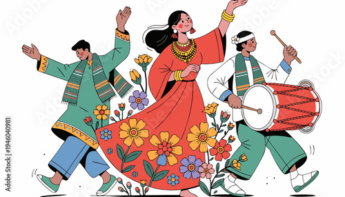 Three individuals celebrating Bohag Bihu in traditional attire, surrounded by colorful flowers, with one playing a drum and others dancing joyfully in a vibrant spring setting