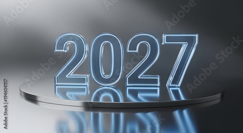 Glowing blue 2027 neon sign on reflective surface