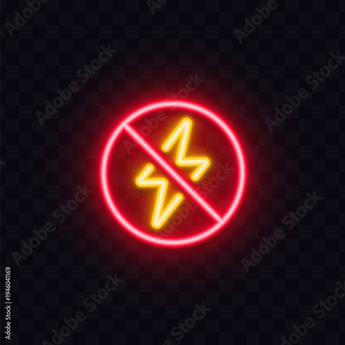 Neon lightning icon crossed by a red prohibition circle. Bright electric warning symbol on dark transparent background. Perfect for no electricity, restriction or danger concepts.