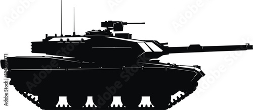 Black silhouette side view illustration of modern main battle tank with long barrel gun, turret equipment, antennas, caterpillar tracks, and angular armor plating for military t