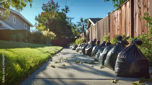 Row of Black Trash Bags Filled with Yard Waste on a Sidewalk.