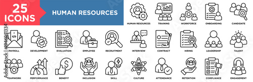 Human Resources Icon Set Collection. Icon Pack Contain Recruitment, Hiring, Candidate, Employee, Workforce, Onboarding, Training, Development, Evaluation, Interview