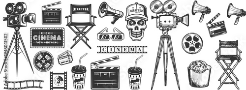 Hand Drawn Cinema and Movie Elements Set with Camera, Clapperboard, Film Reel, Popcorn, Ticket and 3D Glasses Sketch Vector Illustration