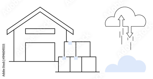 Warehouse storage concept. Warehouse with cloud integration modern logistics, combining data storage and physical inventory management. For e-commerce, logistics, data systems, supply chain, storage