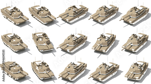 3D rendered grid illustration of modern military battle tanks in multiple angles, showing turret, barrel, antenna, caterpillar tracks, and armored design for defense visualization and simulation.
