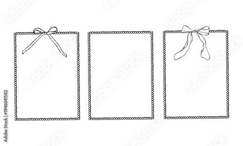 A vintage set of whimsical vertical frames with bows and ribbons in a linear style. Rectangular pearl frames for wedding and holiday invitations and cards. Black vector outline.
