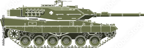 Detailed side‑view illustration of modern German Leopard 2 battle tank in green camouflage with turret, long barrel gun, reactive armor, insignia, and mounted equipment for military visualization.