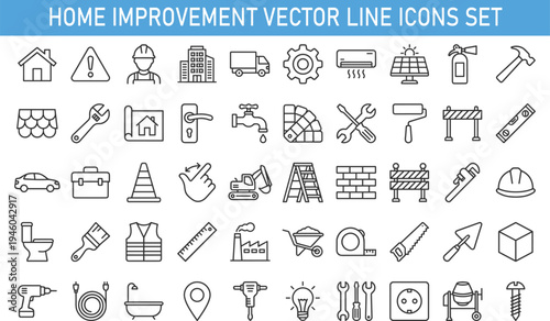 Construction and home improvement vector line icons set, building tools equipment collection, architecture, renovation, plumbing, electrician symbols, industrial outline illustration