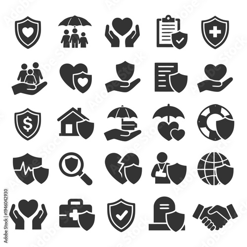 Insurance symbols: heart, family, health, shield, global protection icons.
