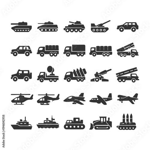 Silhouettes of military vehicles including tanks, trucks, helicopters, and ships.
