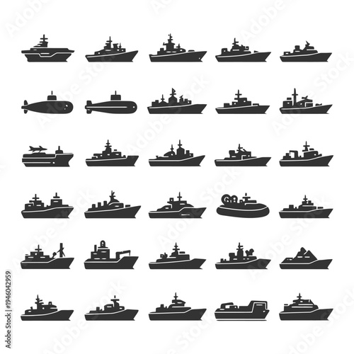 Set of various navy warship and submarine silhouettes on white background.
