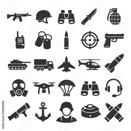 Military equipment icons: weapons, vehicles, and communication tools.