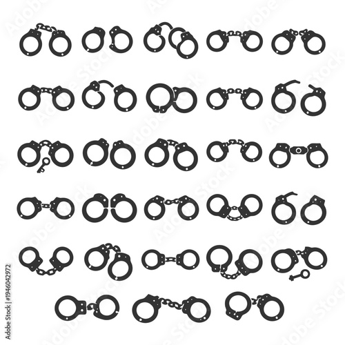 Collection of various handcuff designs in black silhouette.
