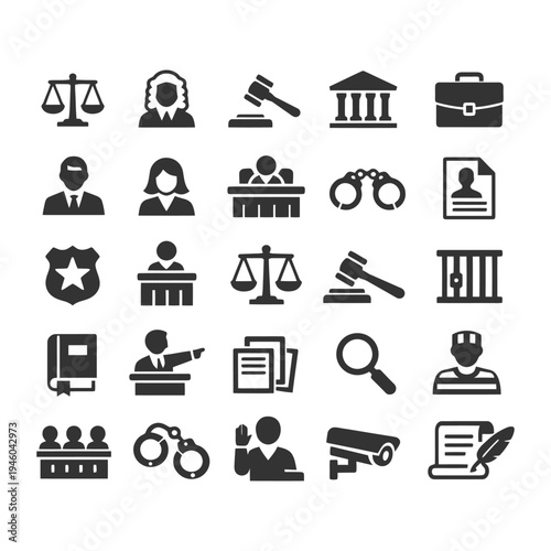 Justice and legal icons set: scales, gavel, courthouse, documents, surveillance.
