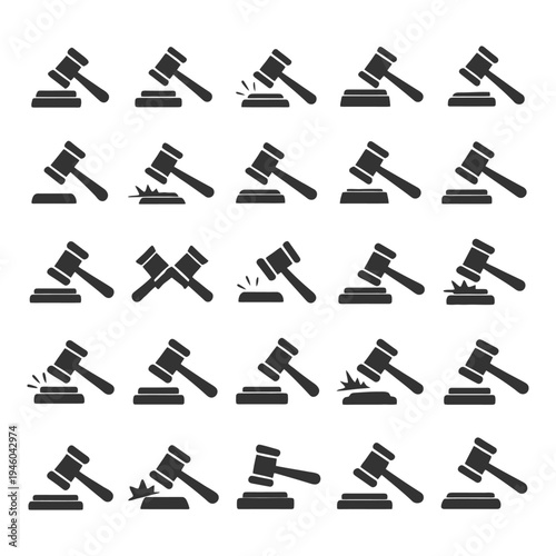 Collection of judge gavels in various angles and positions.